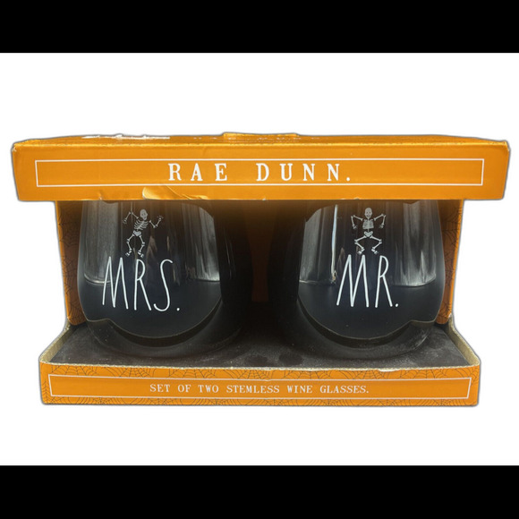 RAE DUNN “Mr. & Mrs.”Stemless Skeleton Black Wine Glasses Halloween NIB - Picture 1 of 4